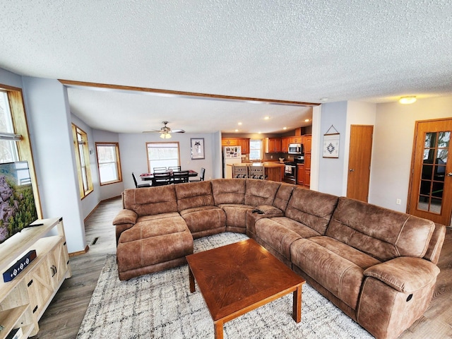 20361 Rolling Acres Dr, Eden Lake Twp, MN 56368 - living room with a textured ceiling, recessed lighting, dark wood finished floors, and ceiling fan