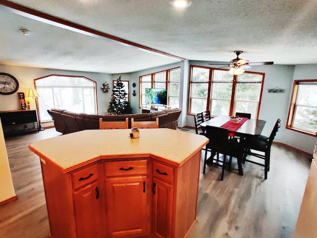 20361 Rolling Acres Dr, Eden Lake Twp, MN 56368 - kitchen featuring open floor plan, a textured ceiling, light wood-style flooring, a kitchen island, and ceiling fan