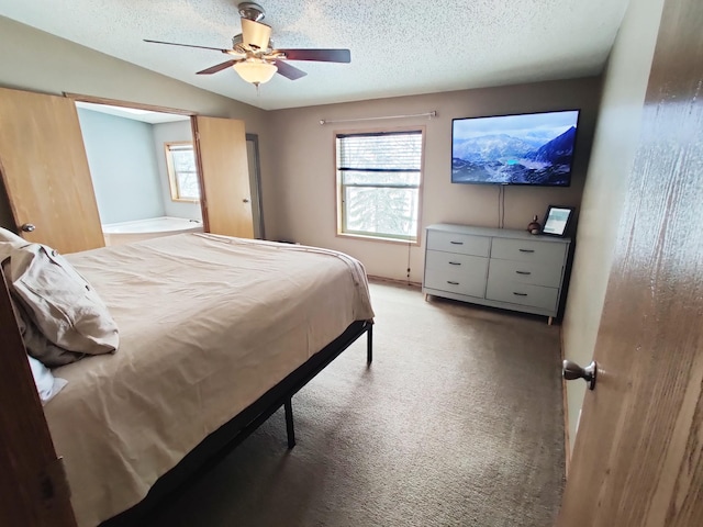 20361 Rolling Acres Dr, Eden Lake Twp, MN 56368 - bedroom with ceiling fan, a textured ceiling, light colored carpet, and baseboards
