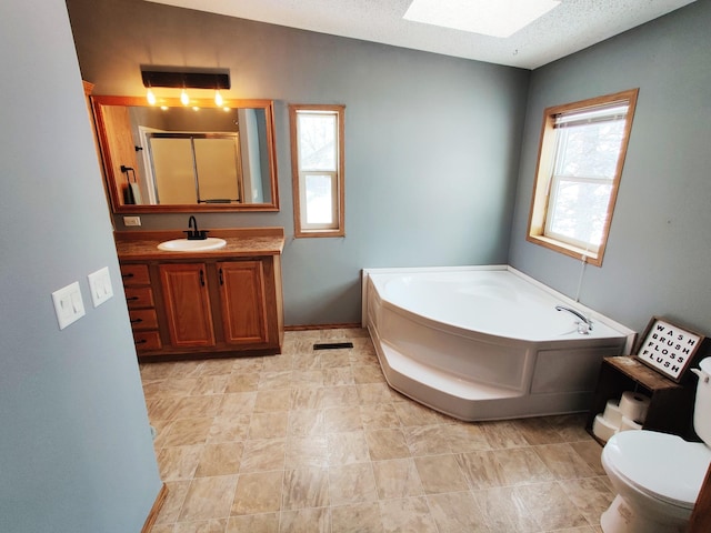 20361 Rolling Acres Dr, Eden Lake Twp, MN 56368 - bathroom featuring a skylight, a shower stall, vanity, a bath, and toilet