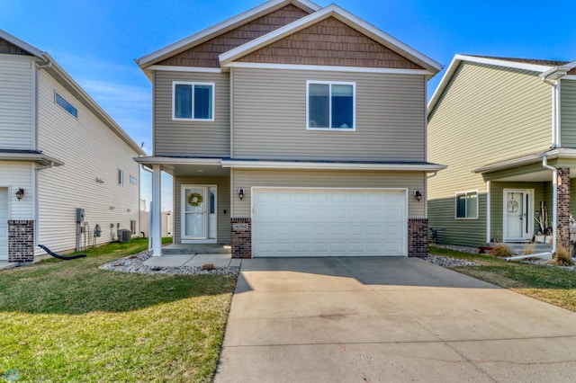 craftsman-style home featuring concrete driveway, brick siding, a front lawn, and a garage