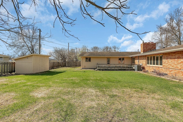 420 6th Ave N, Cold Spring, MN 56320 - view of yard featuring a deck, a fenced backyard, an outbuilding, central AC, and a shed
