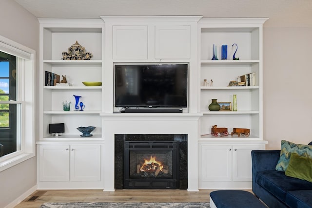 1703 11th St NE, Buffalo, MN 55313 - living room with light wood-type flooring, a warm lit fireplace, and built in features