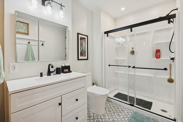 1703 11th St NE, Buffalo, MN 55313 - bathroom with a stall shower, vanity, and toilet