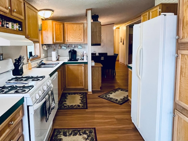 kitchen with a sink, white appliances, dark wood-style flooring, and under cabinet range hood