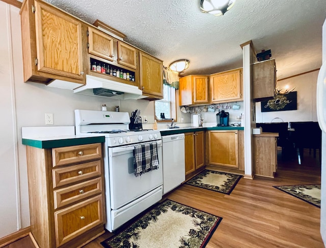 kitchen with wood finished floors, white appliances, under cabinet range hood, brown cabinets, and a textured ceiling