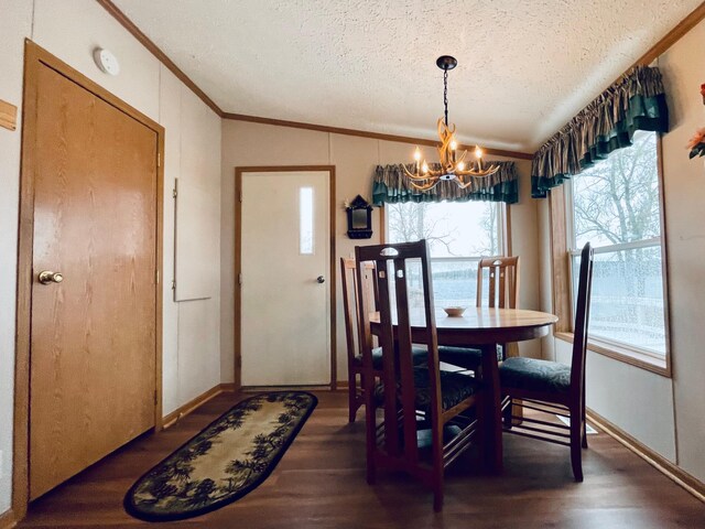 dining space featuring wood finished floors, an inviting chandelier, a textured ceiling, and crown molding