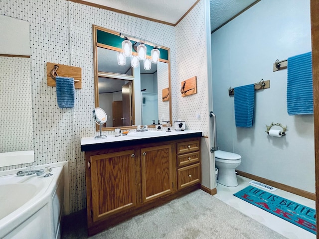 bathroom with vanity, toilet, visible vents, a garden tub, and wallpapered walls