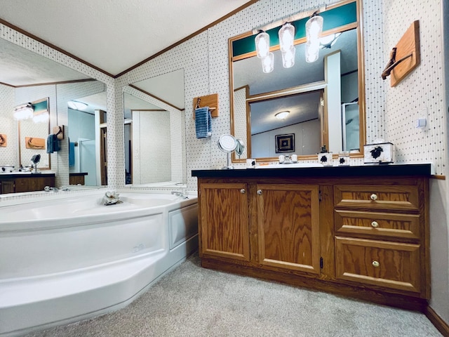 full bath featuring a garden tub, crown molding, carpet flooring, and wallpapered walls