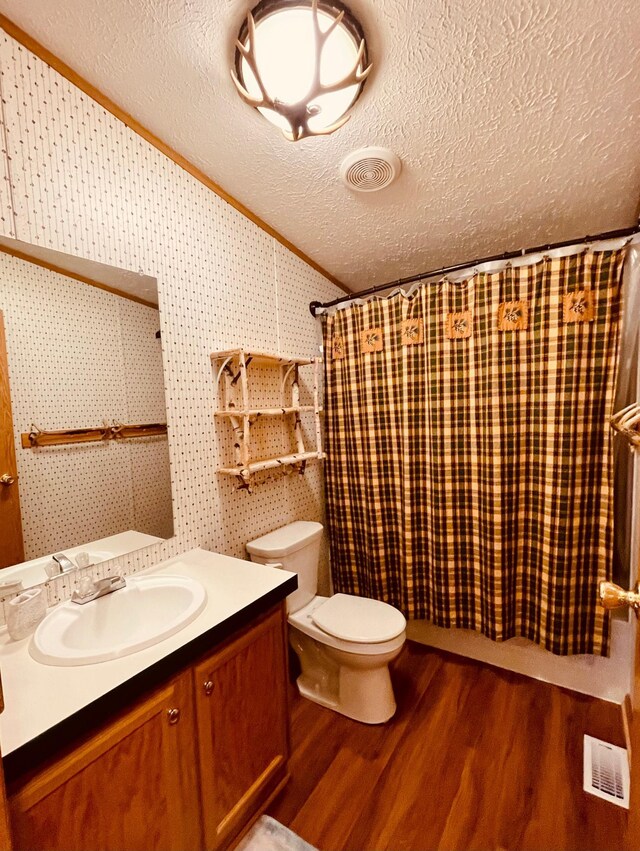 bathroom featuring wood finished floors, vaulted ceiling, vanity, visible vents, and a textured ceiling