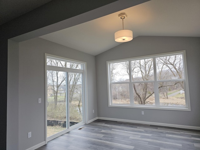 17121 61st St NE, Otsego, MN 55330 - unfurnished dining area with baseboards, lofted ceiling, wood finished floors, and visible vents