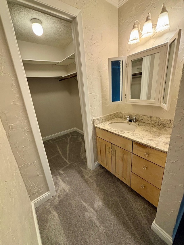 6075 Lincoln Dr Unit 201, Edina, MN 55436 - bathroom with vanity, a spacious closet, a textured wall, and a textured ceiling