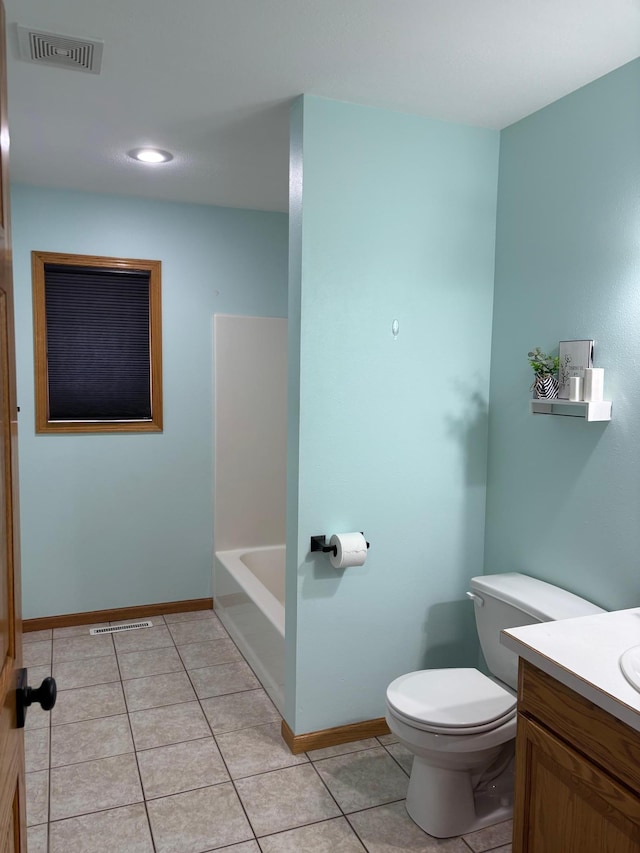 full bath featuring visible vents, tile patterned flooring, vanity, toilet, and a bathing tub