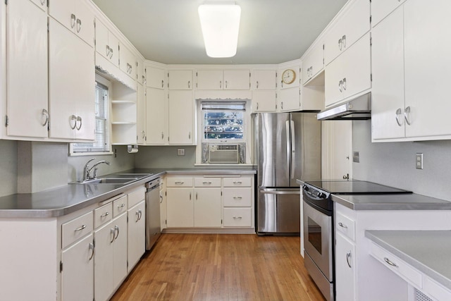 4606 Drexel Ave, Edina, MN 55424 - kitchen with under cabinet range hood, a sink, stainless steel countertops, stainless steel appliances, and light wood-style flooring