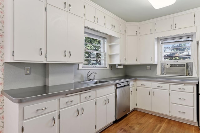 4606 Drexel Ave, Edina, MN 55424 - kitchen with stainless steel dishwasher, cooling unit, light wood-style flooring, and white cabinets