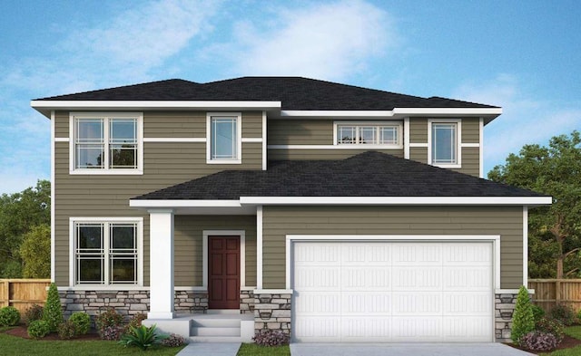 view of front of home featuring concrete driveway, roof with shingles, stone siding, and fence