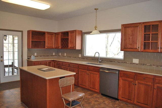 767 Shoreacres Dr, Fairmont, MN 56031 - kitchen featuring decorative backsplash, stainless steel dishwasher, open shelves, a sink, and light countertops