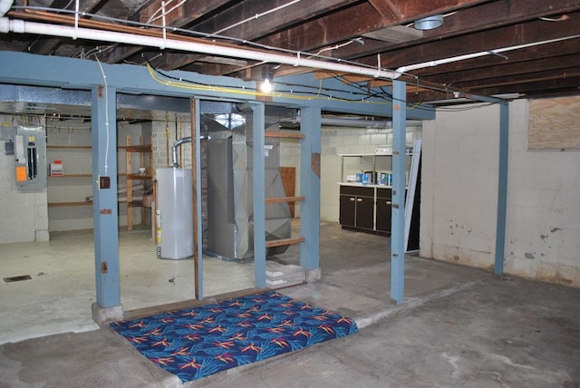 767 Shoreacres Dr, Fairmont, MN 56031 - unfinished basement featuring gas water heater, heating unit, and electric panel