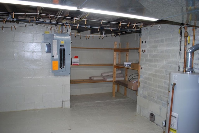 767 Shoreacres Dr, Fairmont, MN 56031 - unfinished below grade area featuring gas water heater, concrete block wall, and electric panel