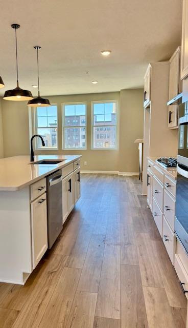 kitchen featuring a sink, white cabinetry, light countertops, stainless steel dishwasher, and wood finished floors