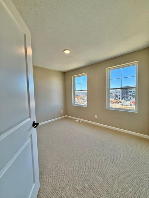 empty room featuring baseboards, a textured ceiling, and light colored carpet