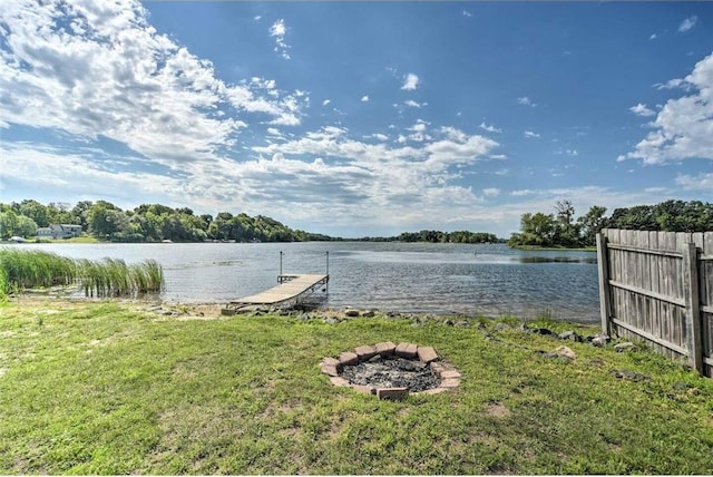 516 Park Island Rd Unit 1, Center City, MN 55012 - exterior space featuring a fire pit, fence, a water view, and a lawn