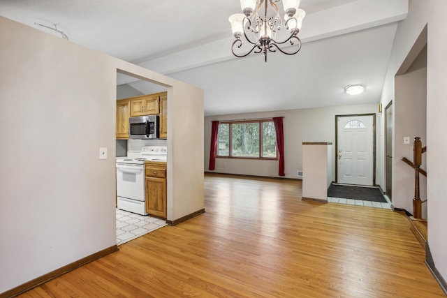 entryway with beamed ceiling, baseboards, an inviting chandelier, and light wood-style flooring