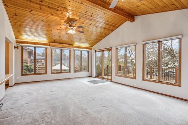 unfurnished sunroom with wooden ceiling, plenty of natural light, and carpet