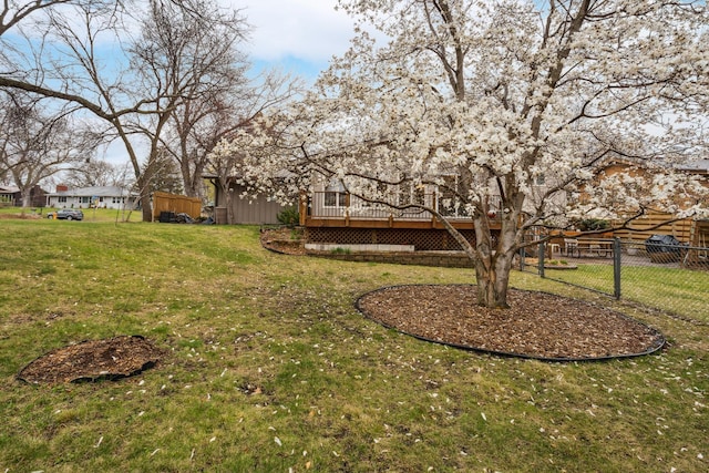 view of yard with fence and a deck