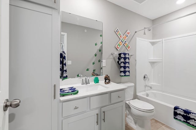 bathroom featuring toilet, tile patterned flooring, shower / bath combo, and vanity