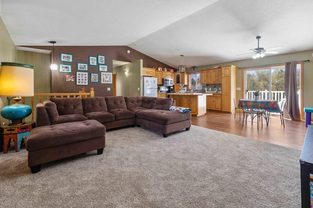 carpeted living area featuring a sink, ceiling fan, vaulted ceiling, and wood finished floors