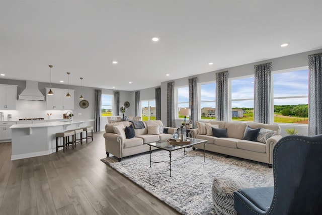 living room featuring recessed lighting and wood finished floors
