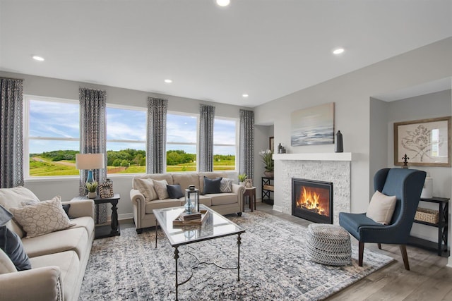 living area featuring a glass covered fireplace, wood finished floors, recessed lighting, and baseboards