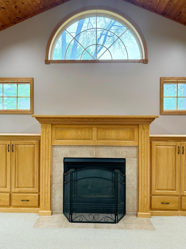 715 Crest Ln, Ellsworth, WI 54011 - detailed view of wood ceiling, carpet floors, and a fireplace