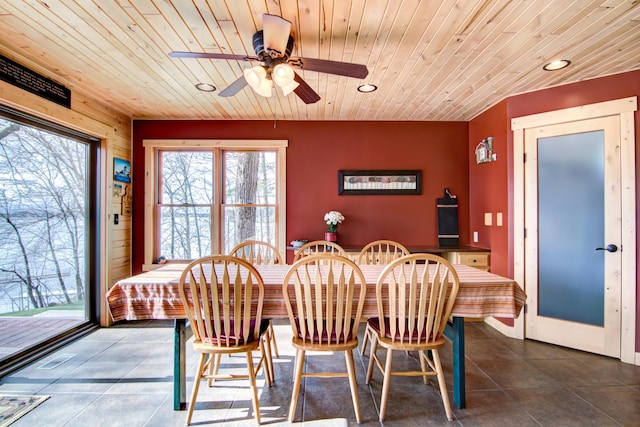 tiled dining room featuring wood ceiling, ceiling fan, and recessed lighting