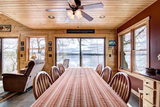 dining area featuring wooden ceiling, ceiling fan, wooden walls, and a water view