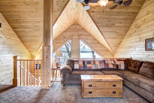 living room with lofted ceiling, carpet, wood ceiling, and a ceiling fan