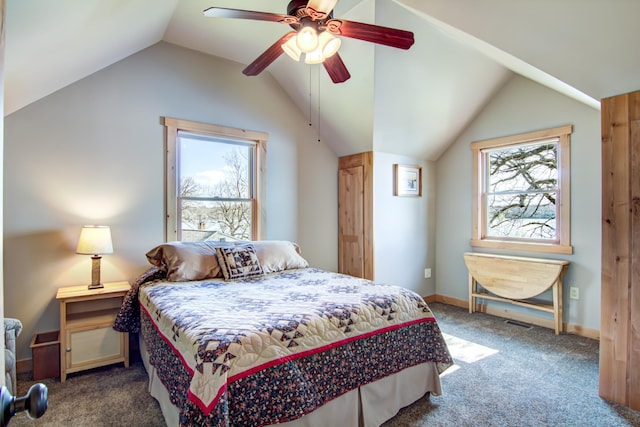 bedroom with lofted ceiling, carpet flooring, and a ceiling fan