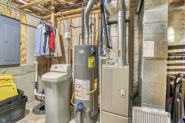 utilities with heating unit, gas water heater, and electric panel