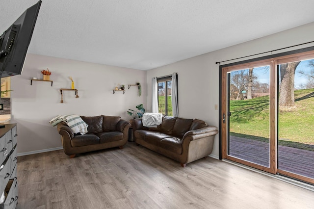 living area with a textured ceiling, light wood-style flooring, and baseboards