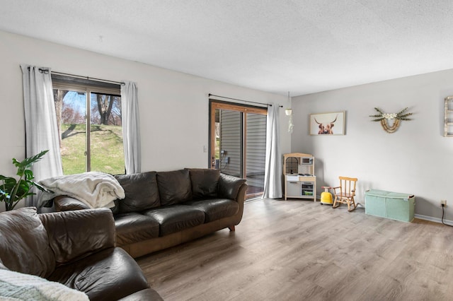 living room featuring baseboards, wood finished floors, and a textured ceiling