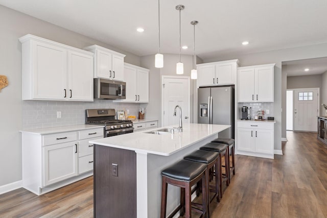 7393 Emily Cir, Lino Lakes, MN 55038 - kitchen featuring a breakfast bar area, an island with sink, a sink, stainless steel appliances, and dark wood finished floors
