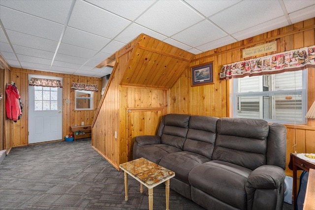 822 138th St Unit 32, Garfield Twp, WI 54001 - living room with dark carpet, a paneled ceiling, and wooden walls
