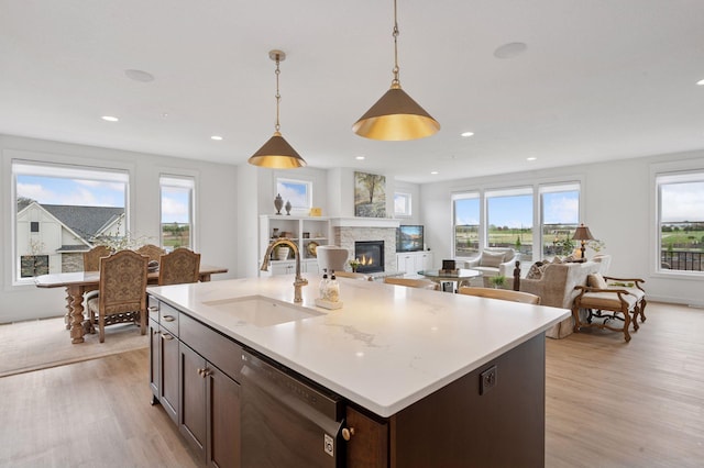 kitchen featuring a sink, dark brown cabinets, light wood-style flooring, and dishwasher