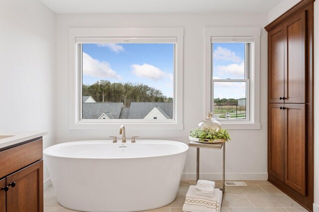 2301 Simply Living Ln, Hudson, WI 54016 - bathroom with a freestanding tub, vanity, healthy amount of natural light, and baseboards