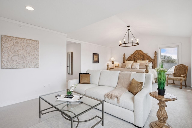 2301 Simply Living Ln, Hudson, WI 54016 - living area with carpet, lofted ceiling, a chandelier, and recessed lighting