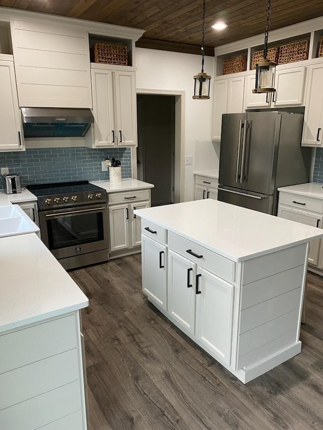 kitchen featuring wood ceiling, a kitchen island, backsplash, light countertops, and stainless steel appliances