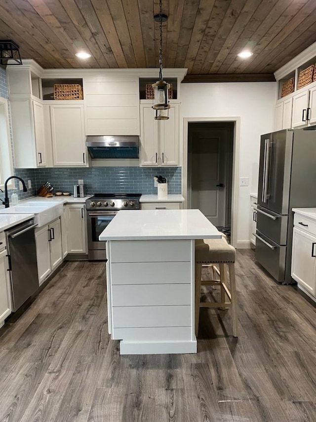 kitchen with under cabinet range hood, stainless steel appliances, a sink, and wood ceiling