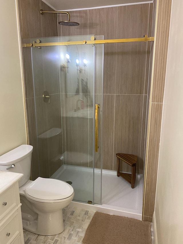 full bath featuring vanity, a shower stall, and toilet