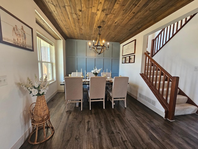 dining area featuring visible vents, an inviting chandelier, stairs, wood ceiling, and dark wood finished floors